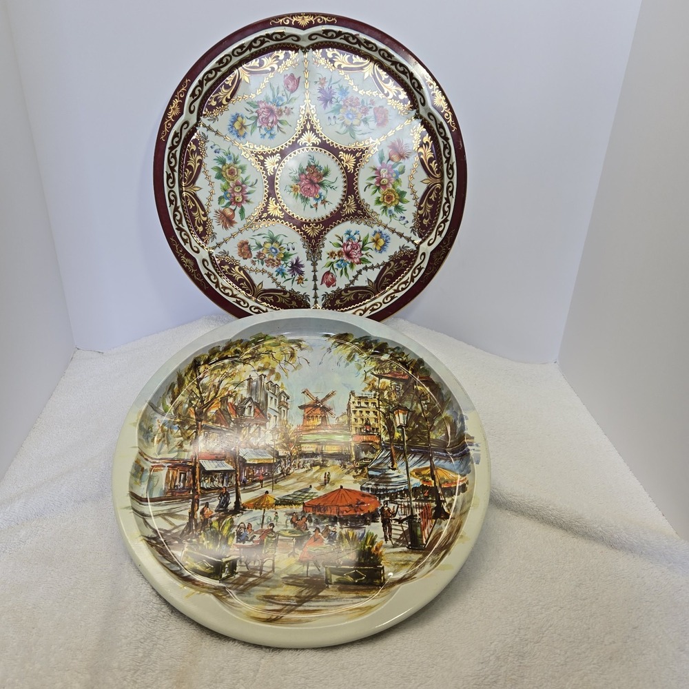 Vtg Daher Decorated Ware Set Of 2 Round Floral England Scallop Interior Trays